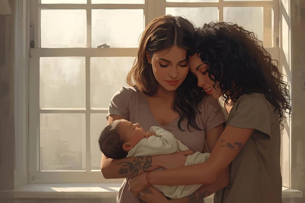 Diverse parent holding a sleeping newborn near a window in soft morning light