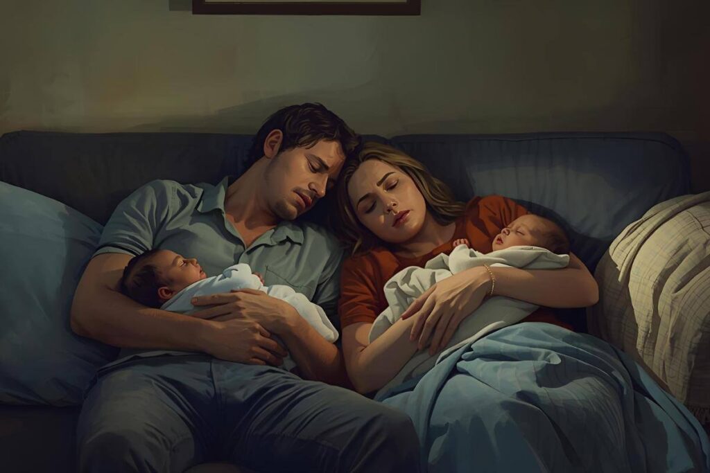 Tired parents curled up on the couch each holding one of their infant twins.