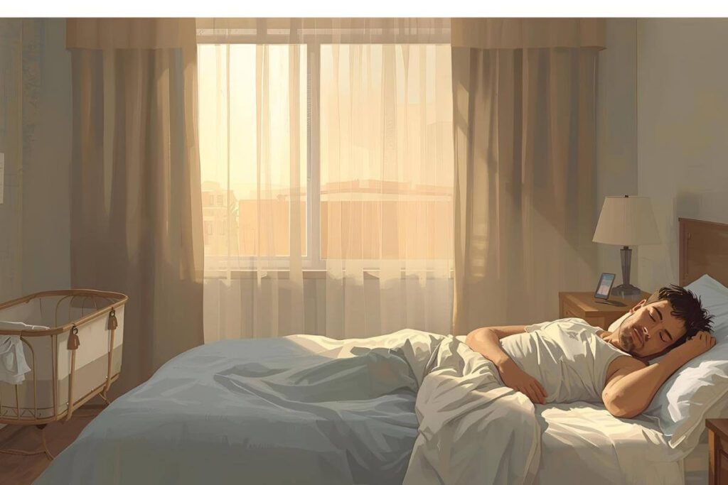 New parent resting in a quiet bedroom while their newborn sleeps nearby in a bassinet.