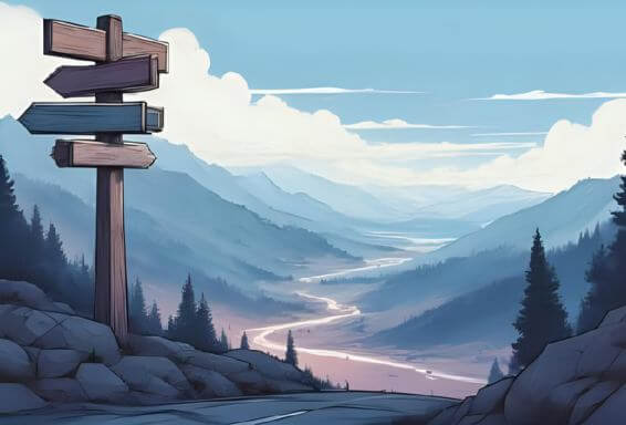 Painterly image a crossroads with a signpost with 4 different options representing Cradira's program options.