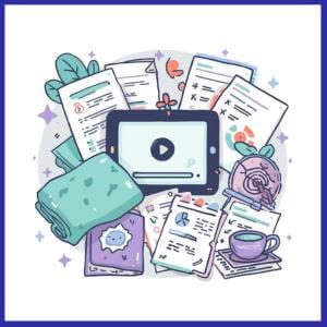 A tablet with play button surrounded by baby things and worksheets. Cradira Digital's Quick Take Program packed with extra resources.