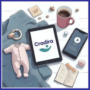 A tabletop with baby stuff, and a Tablet with Cradira's logo and phone with play button. Cradira Digital's Postpartum Starter Kit.