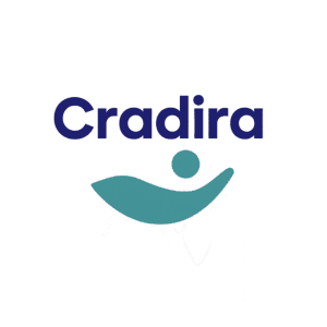 Cradira logo featuring a stylized teal cradle shape with a dot above it, symbolizing a baby and a supportive hand.