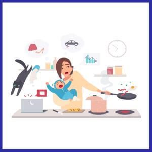 Multitasking parent cooking while holding a crying baby, juggling phone, work, and chaos, Cradira Digital's Deep Dive Program.