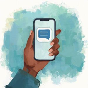 Hand holding phone with chat bubble. Cradira's FAQ connection made simple.