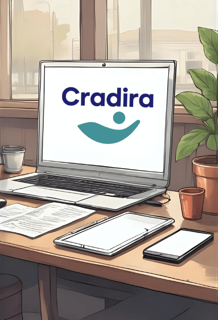 Painterly illustration of a desk with a laptop with Cradira logo, tablet, and a phone. Connect with Cradira any way you like.