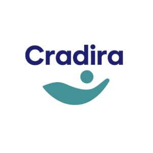 Cradira logo featuring a stylized teal cradle shape with a dot above it, symbolizing a baby and a supportive hand.