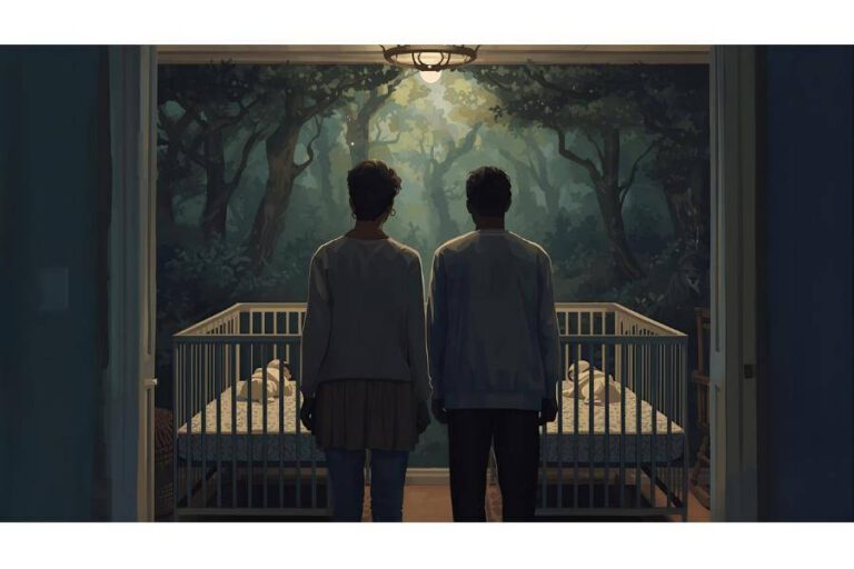 Two parents standing by crib in softly lit nursery. Cradira's blog "10 Things Every First-Time Parent Wishes They Knew".