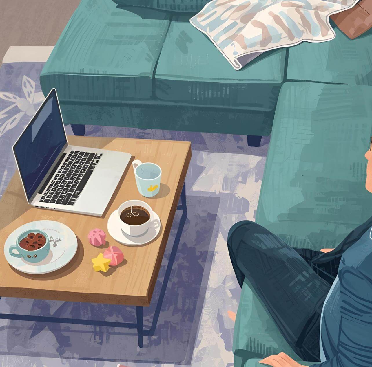 Parent curled up on a sectional couch, laptop open beside coffee cups and baby toys. Cradira Digital: online support from home.