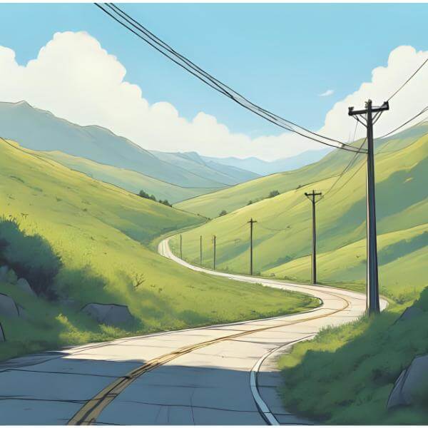 Painterly road winding upwards into bright hills. Cradira moving forward with families.