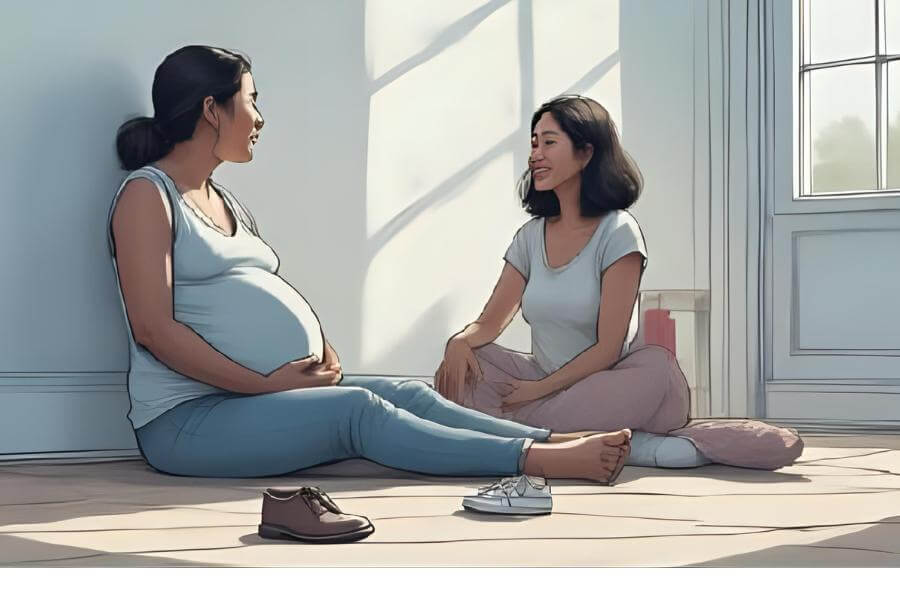 Two divese moms sitting on the floor with baby shoes in front of them. Cradira's support for all families.