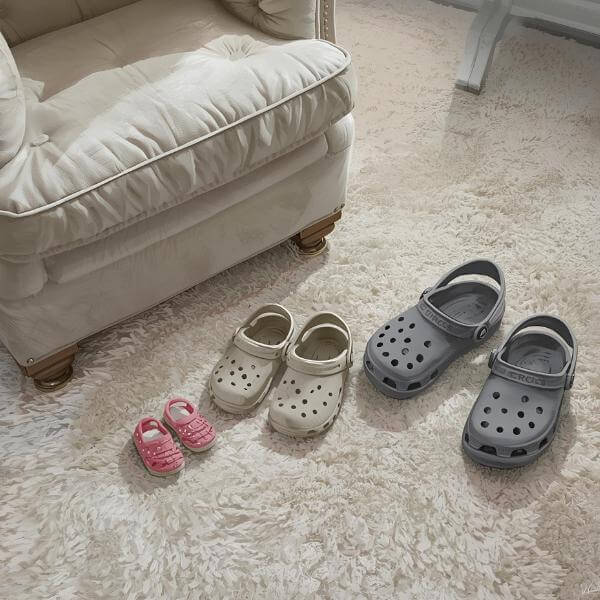 Realistic painterly illustration of three pairs of crocs, tiny pink baby ones, medium beige and dark grey, lined up on a rug in front of a cozy chair. Softly lit to symbolize comfort, family connection, and the warm, steady support of The Fairy Godmothers during postpartum care.