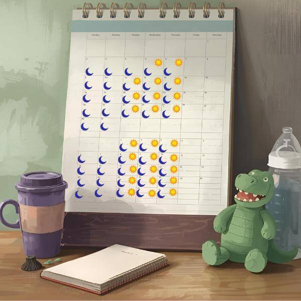 Realistic painterly illustration showing a calendar on a table surrounded by a coffee cup, baby bottle, notebook and a stuffed toy alligator. The calendar is marked with suns and moons, for the reliable daytime and nighttime postpartum support offered by The Fairy Godmothers.  
