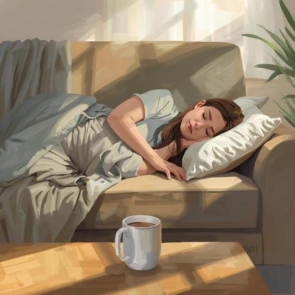 Realistic painterly illustration of a parent napping peacefully on a couch in a soft morning light, with a coffee much nearby. A serene, comforting scene symbolizing the rest and relief Cradira Support provides.