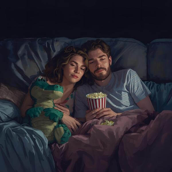 Realistic painterly illustration of two parents snuggled on the couch watching tv in the dark. Eating popcorn. Stuffed alligator. Represents the peach and connection a couple can have when The Fairy Godmothers handles the rest. 