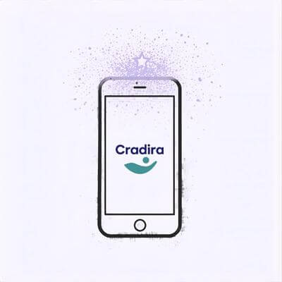 Parent using Cradira Digital app for online postpartum guidance and practical tools from home.