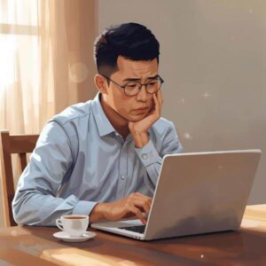 Tired parent sitting at the table with a cup of coffee looking at their computer. Cradira parenting support with Cradira Digital.