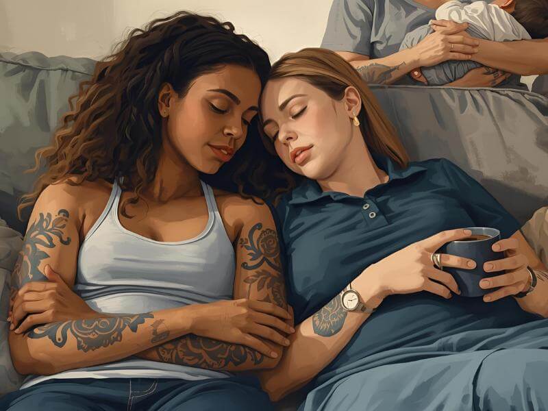 Realistic painterly illustration of two diverse, tattooed moms curled up on the couch relaxing together with coffee, while a doula in the background gently holds their infant. A warm, comforting scene that reflects Cradira Support's supportive, inclusive care for every family.