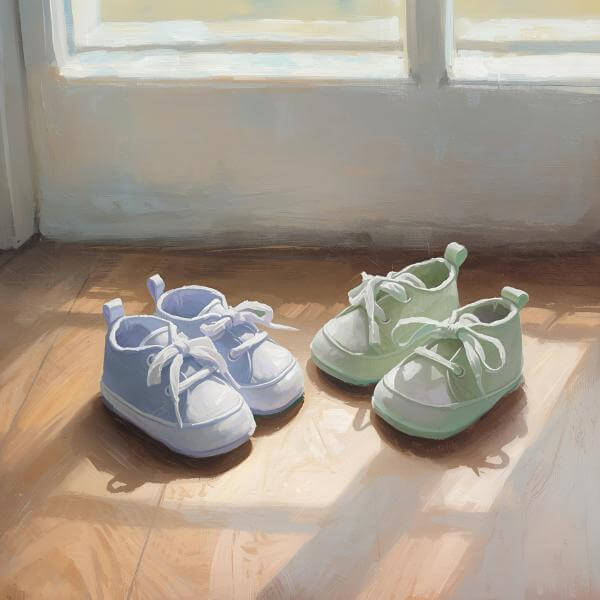 Two pairs of pale violet and green baby shoes sit toe to to on the floor inside a sunlit doorway, warm light streaming through grid windows. A quiet, tender scene symbolizing new beginnings and the gentle support all families receive from The Fairy Godmothers. 