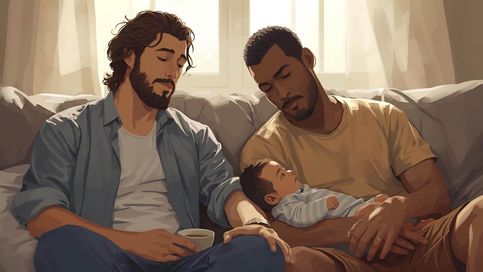 Painterly illustration of two dads sitting with their baby in soft morning light. A calm inclusive scene symbolizing Cradira Support's open, non-judgmental postpartum support and ask anything approach.