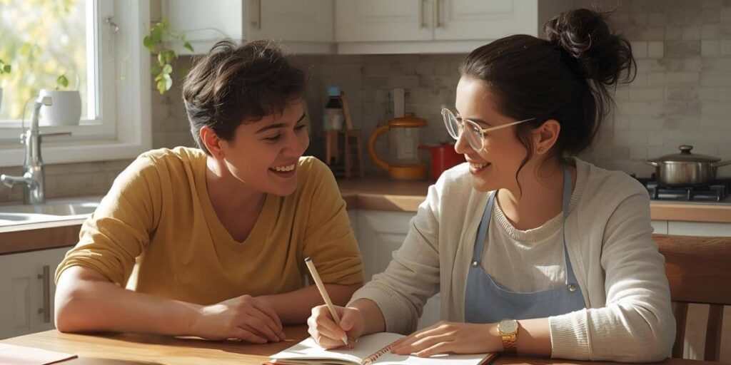 Parent and perinatal support worker discussing newborn care plans at a kitchen table during the daytime