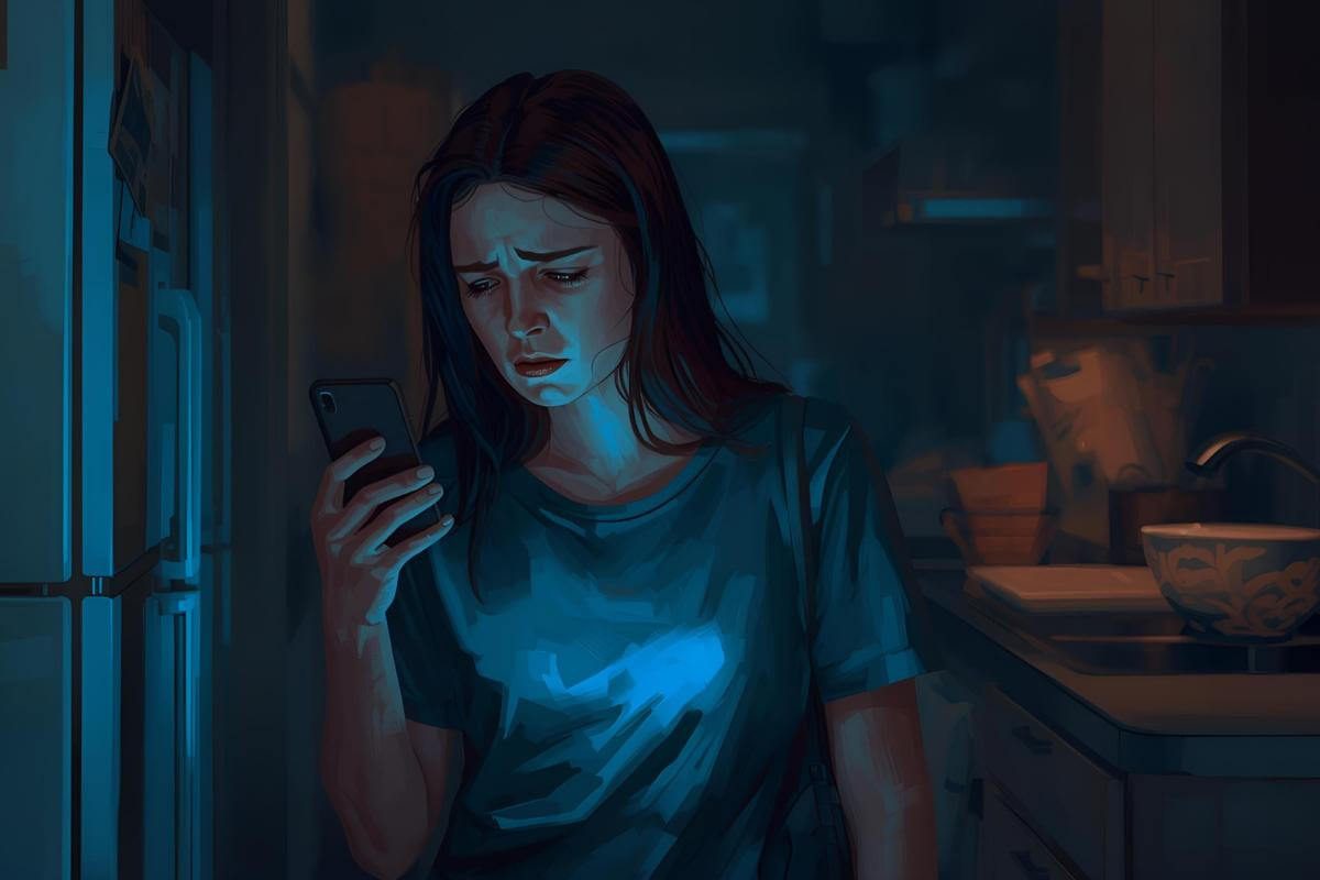 Exhausted parent standing in a dim kitchen at night checking their phone while caring for a newborn