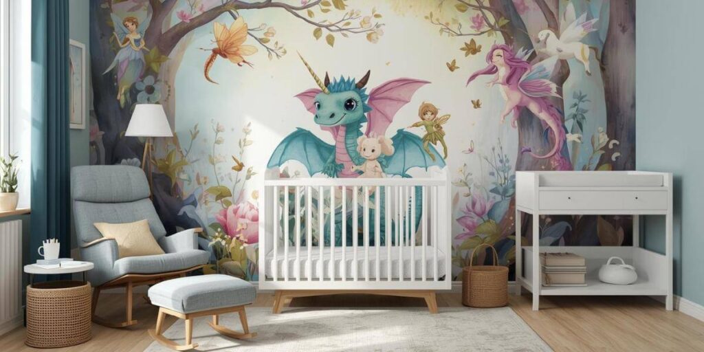 Safe newborn sleep environment with empty crib, blackout curtains, and white noise machine