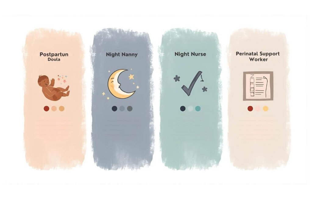 Illustration comparing four overnight newborn care roles—Postpartum Doula, Night Nanny, Night Nurse, and Perinatal Support Worker.