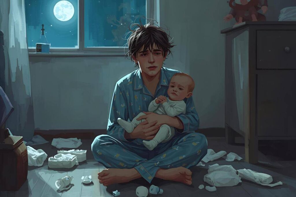 Tired parent in pajamas holding a baby amid scattered diapers and bottles at night, illustrating chaotic overnight newborn care.