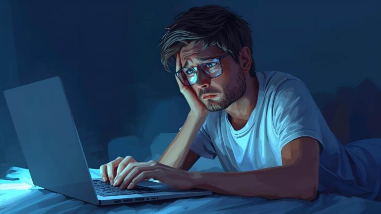 Exhausted stressed parent surfing the internet in the middle of the night looking for answers.