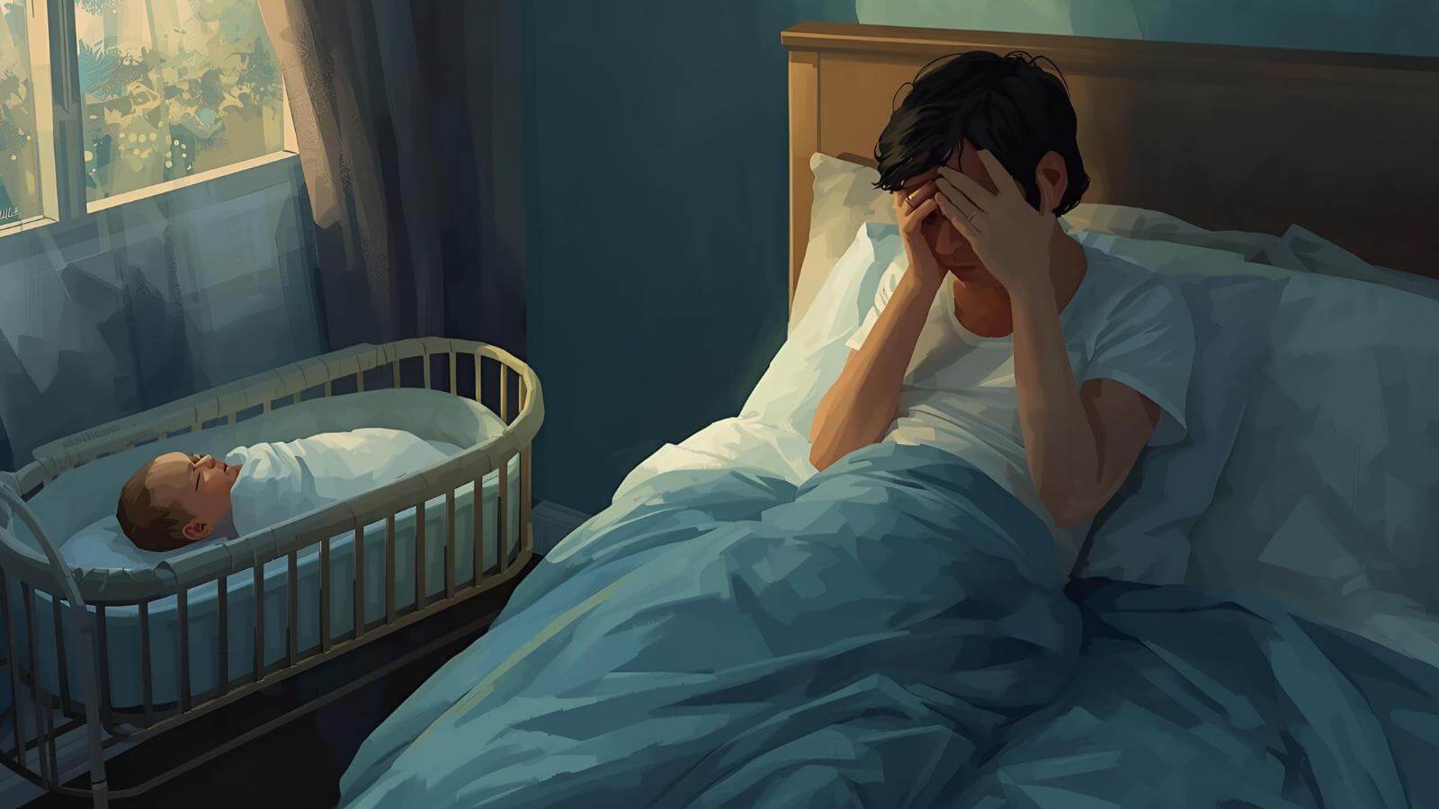 New parent sitting on the edge of a bed at dawn while their baby sleeps in a nearby bassinet, soft early morning light and muted blue tones