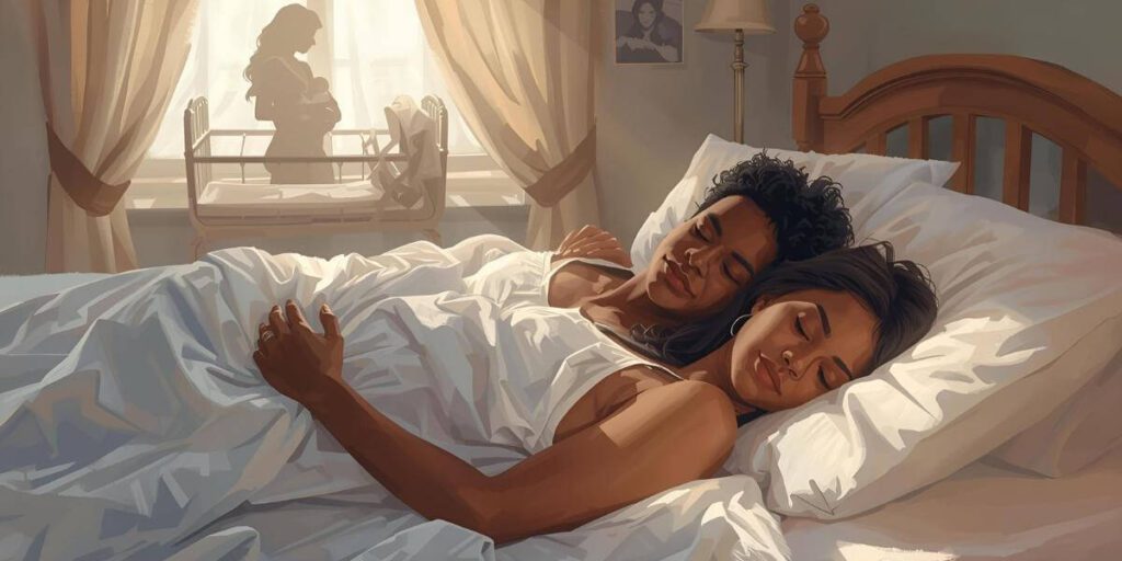 Diverse parents sleeping peacefully in bed during early morning hours while newborn rests nearby with overnight support present
