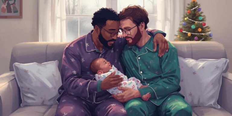 A couple resting on the couch holding a newborn during the holiday season