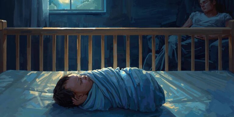 Peaceful newborn sleeping safely in crib with parent resting nearby at night