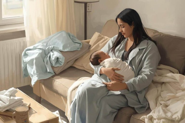 Parent holding a newborn in a calm, lived-in postpartum home environment