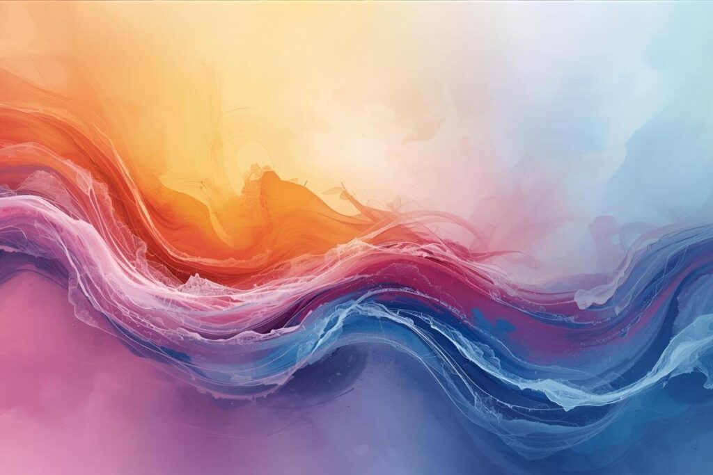 Abstract illustration representing postpartum hormonal changes with flowing shapes transitioning from bright colours to softer muted tones