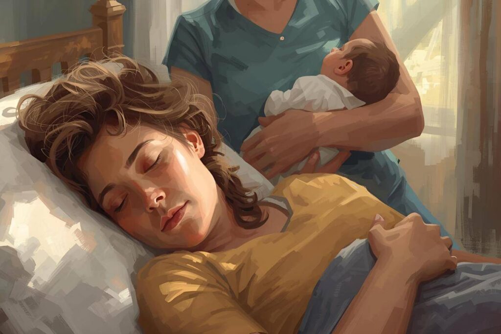 Parent resting during the day while another support person holds the baby nearby in natural light