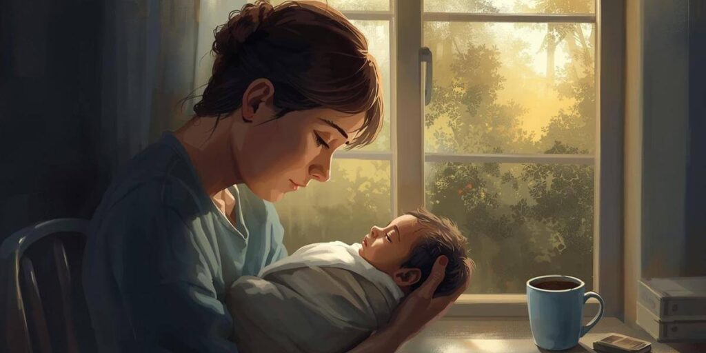Exhausted parent holding a newborn in the early weeks of life, sitting quietly by a window