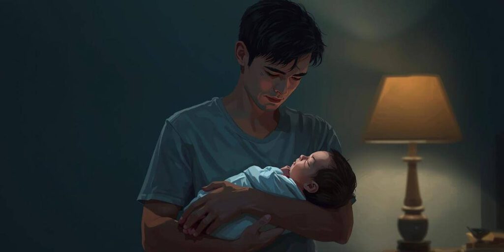 Sleep-deprived parent holding a newborn at night, showing the emotional weight of the first six weeks