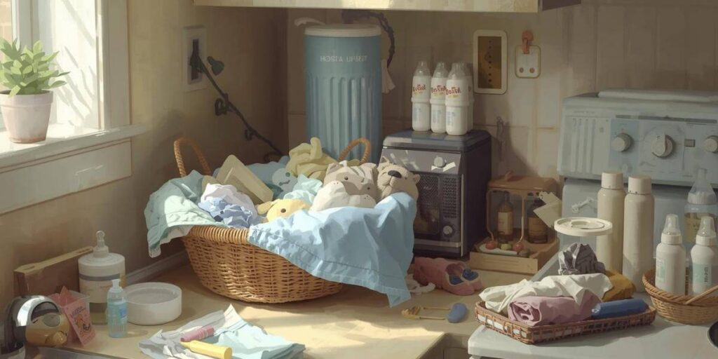 Lived-in home with baby items and laundry during the first weeks with a newborn