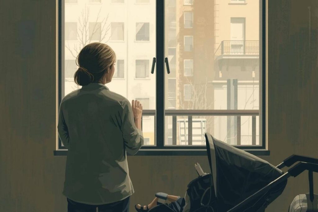 Parent standing indoors beside a stroller, looking out a window toward nearby apartment buildings in a quiet Canadian city.