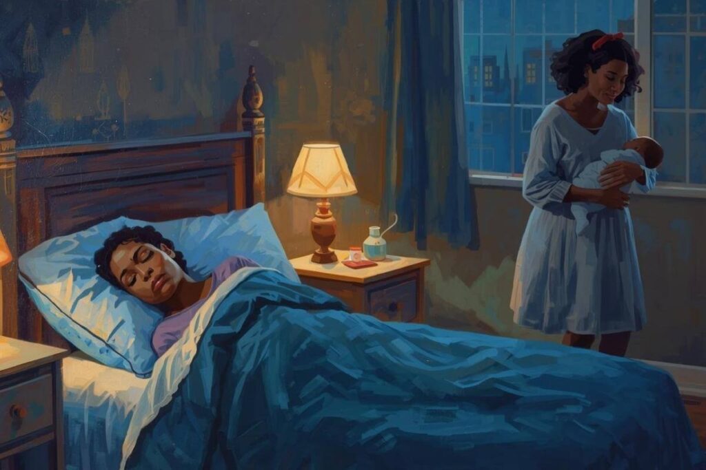 One parent sleeping in bed while the other walks with their baby in the background under soft nighttime light at home.