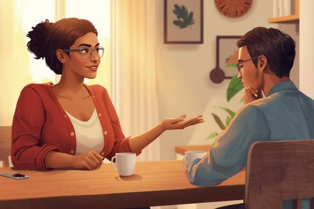Postpartum support worker talking with a new parent at a kitchen table with mugs in warm natural light in a modern Canadian home.