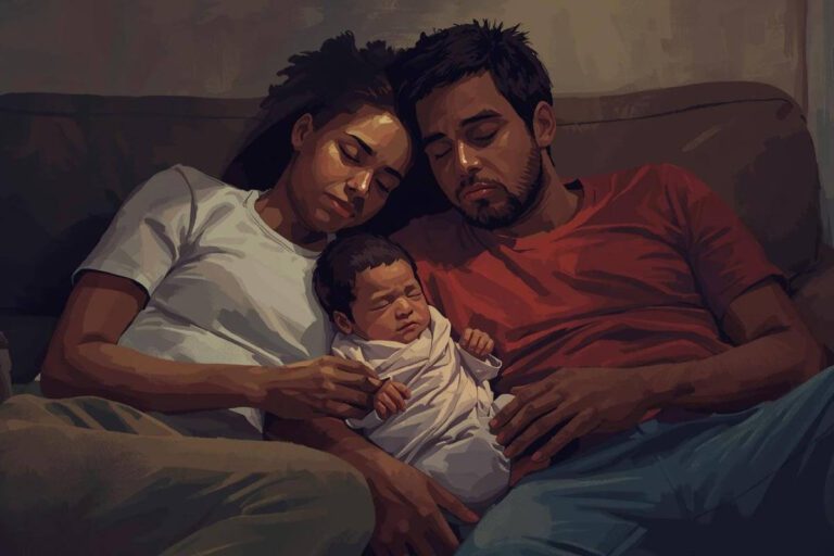 Tired parents resting together with their newborn after a long night during the early weeks