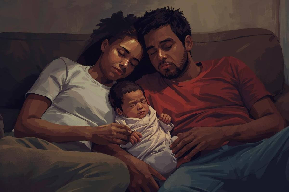 Tired parents resting together with their newborn after a long night during the early weeks