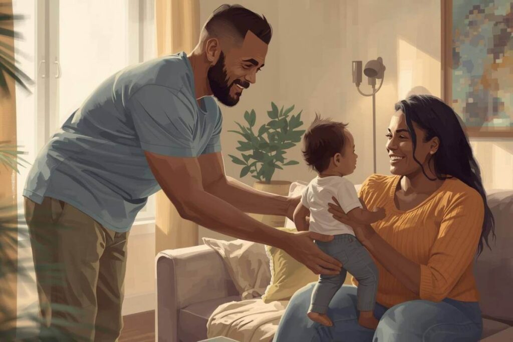 A friend helping new parent by holding baby in living room