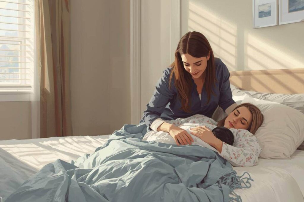 Postpartum doula providing quiet support while parent rests