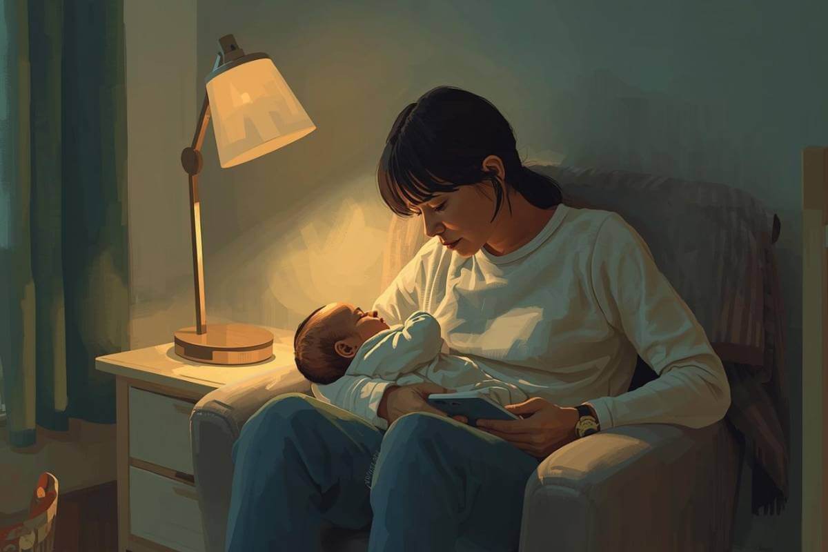 Tired new parent holding sleeping newborn in softly lit nursery at night