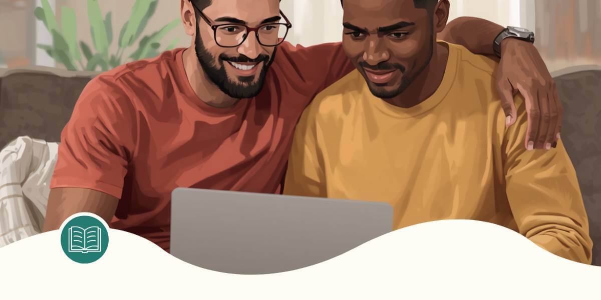 Two dads using a laptop at home to access Cradira's digital postpartum guides, quizzes, templates, and self-paced support programs. 