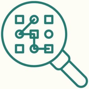A magnifying glass icon with a nine grid of boxes and a line connecting some of them to represent pattern recognition. 